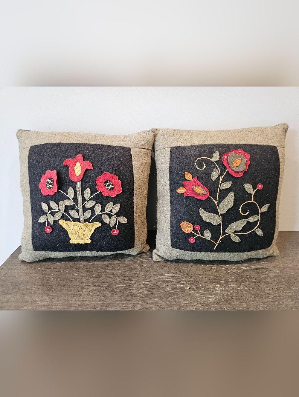 Handmade Wool Appliqué Floral Throw Pillow Pair in Black, Red, Mustard